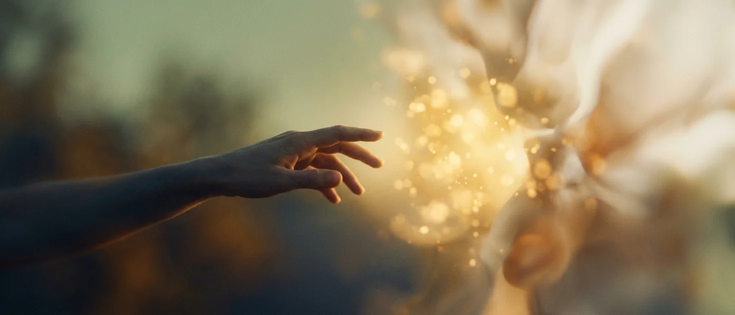 Beautiful warm golden light with a subtle shadowy hand reaching toward it, representing attachment to pleasant meditation states