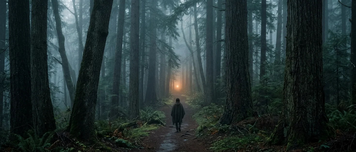 A lone figure walking through a dark misty forest toward a faint light ahead, representing the dark night of the soul in advanced meditation practice