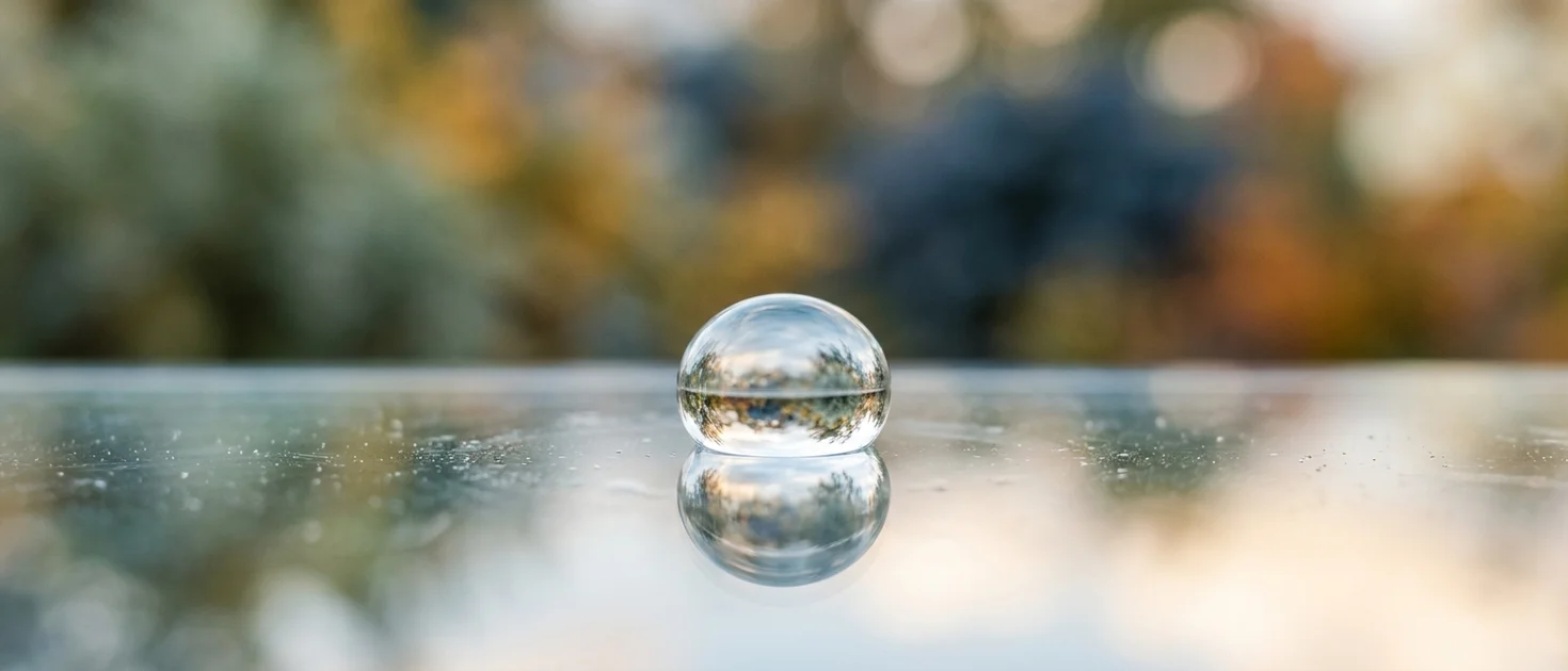 Extreme macro close-up of a single raindrop on glass with a world reflected within, representing microscopic attention in the phenomenology audit