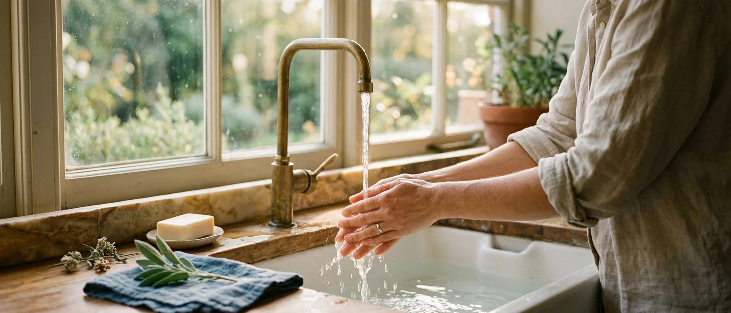 A person's hands at a sunlit kitchen sink with water running, representing mindful inter-session practice during ordinary daily activities