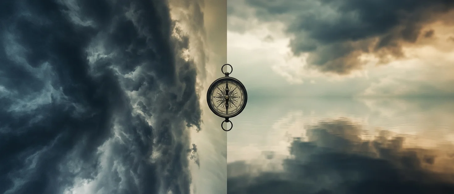 A split composition between a stormy turbulent sky and still calm water representing matching your meditation anchor to your current mental state