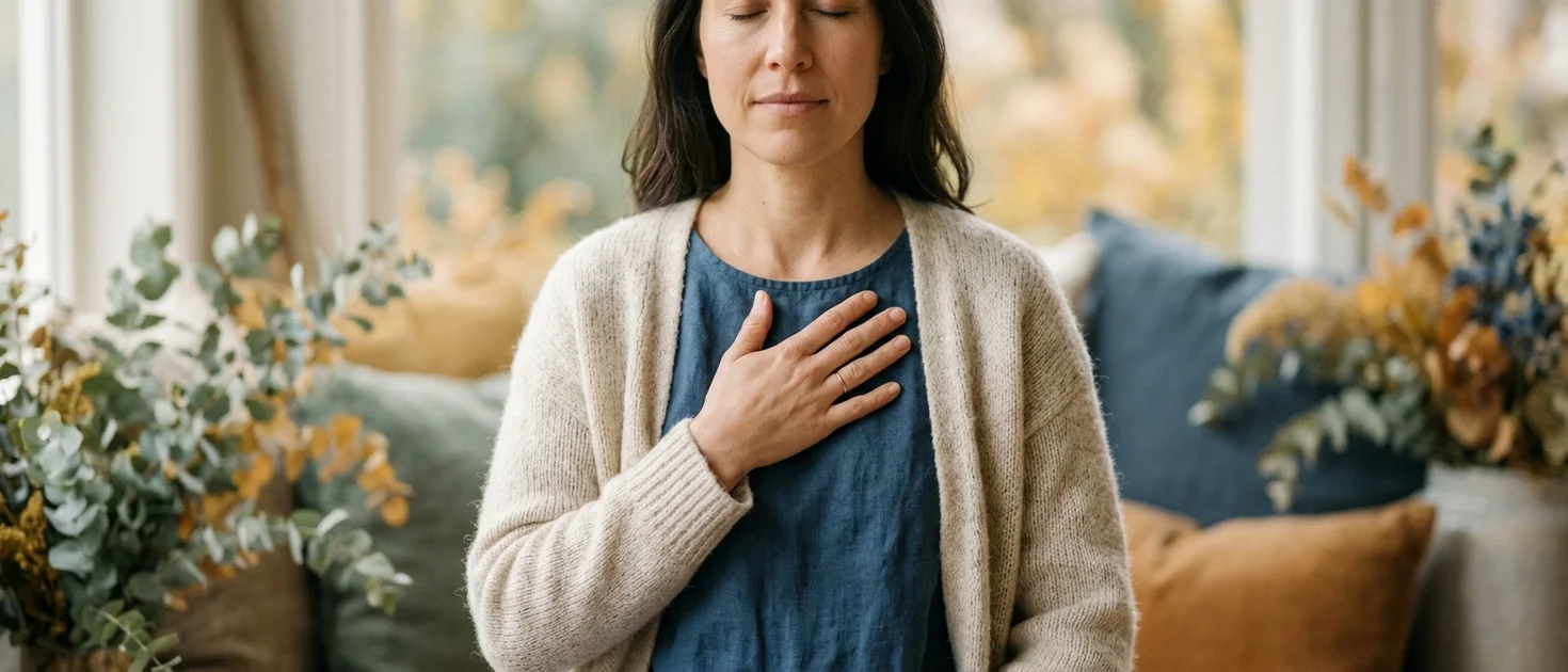 A hand resting gently over a heart on a chest in soft warm natural light, representing somatic body-led meditation practice