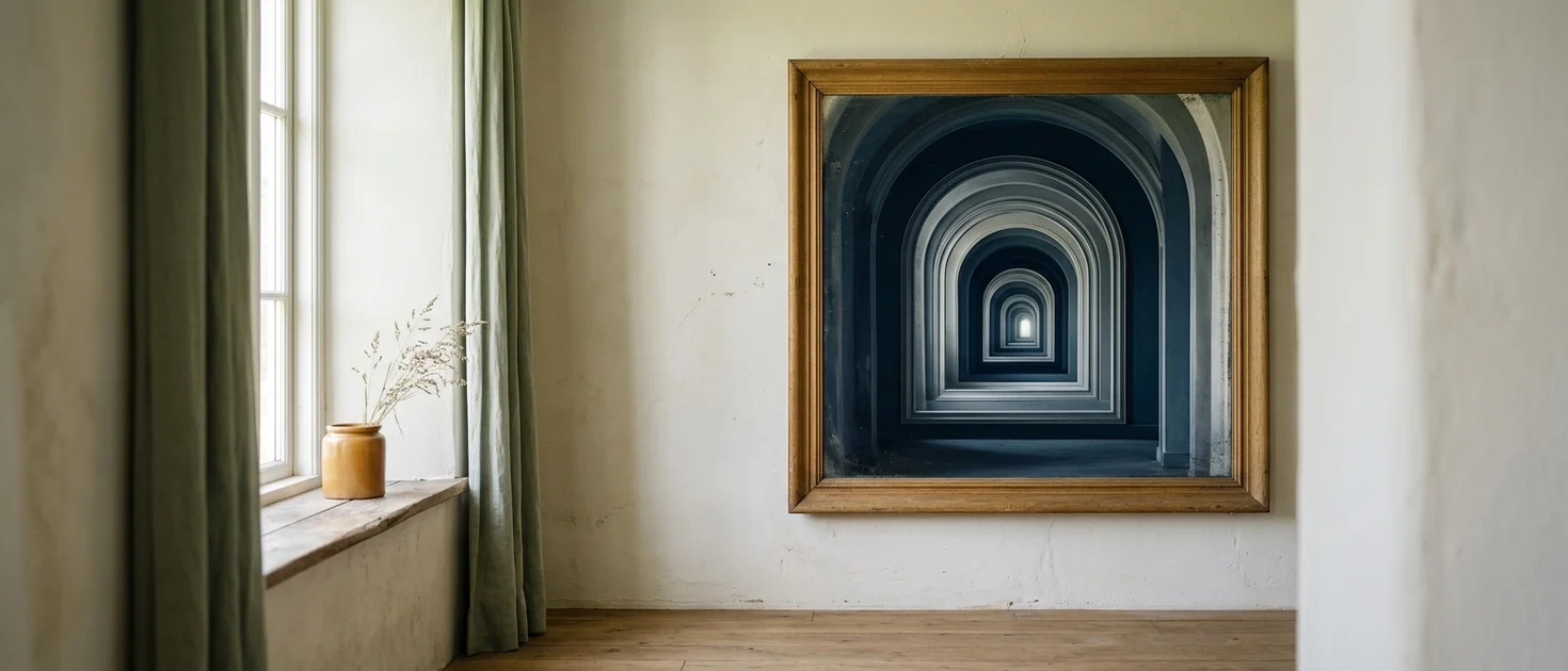 A mirror reflecting infinite space representing the direct inquiry into the nature of awareness in non-dual meditation practice