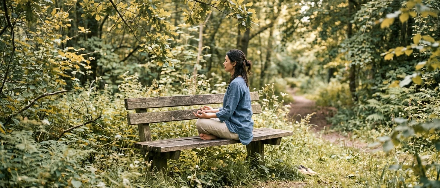 A person meditating on an outdoor urban park bench surrounded by natural foliage, representing breaking routine through environmental constraints