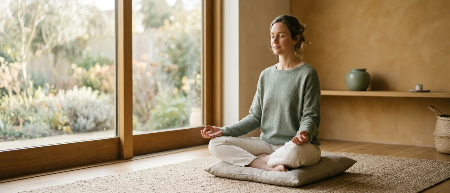 A single leaf drifting away from a still pond surface in soft morning light, representing the wandering mind during meditation