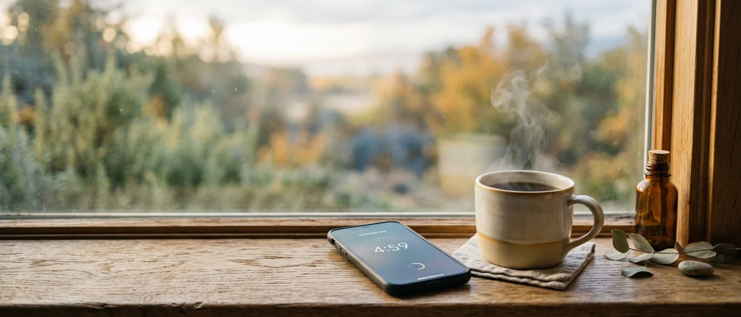 A minimalist hourglass with a small amount of sand falling in soft natural light, representing short consistent meditation practice