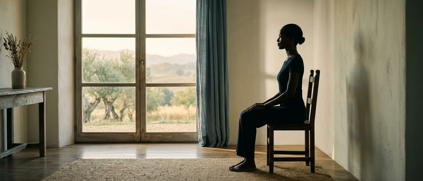 Elegant side-view silhouette of a person sitting upright on a simple wooden chair with aligned spine in soft window light