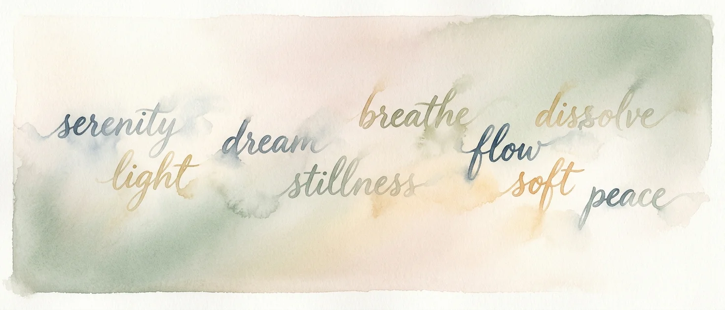 Soft watercolor words such as planning, worrying, and judging dissolving into a pale gradient, representing labeling thoughts during meditation