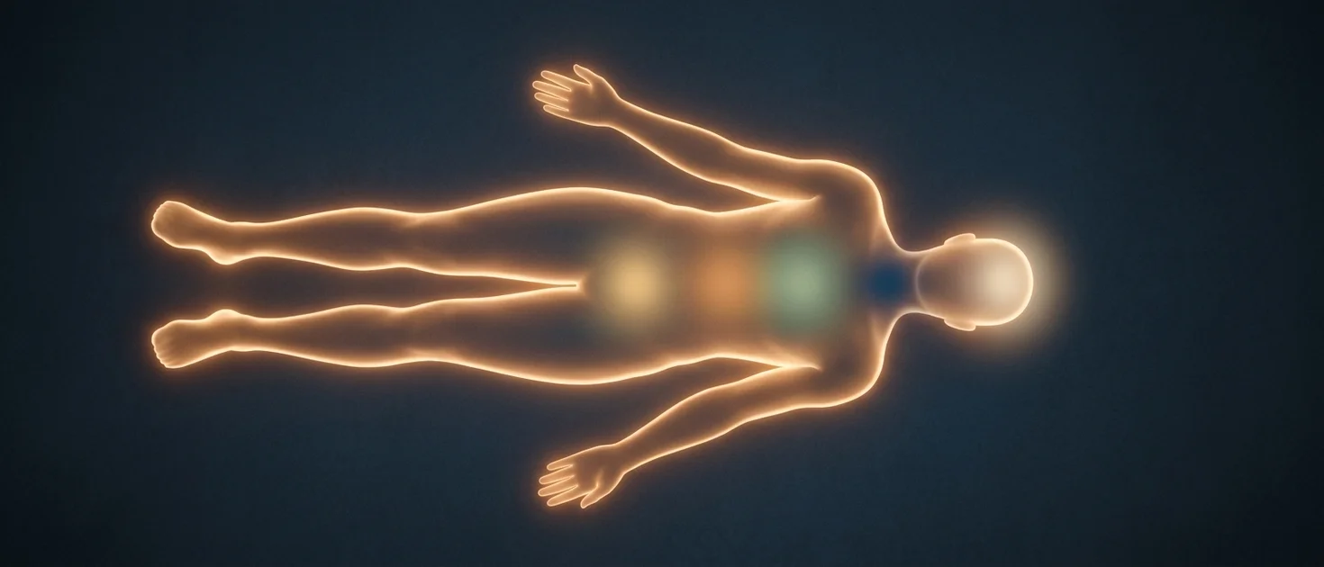 Warm glowing outline of a human body seen from above with amber light radiating from different zones on a dark minimal background, representing the body scan meditation