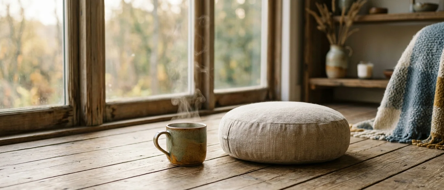 A steaming coffee cup beside a meditation cushion in early morning window light, representing habit stacking and the when-then rule for meditation