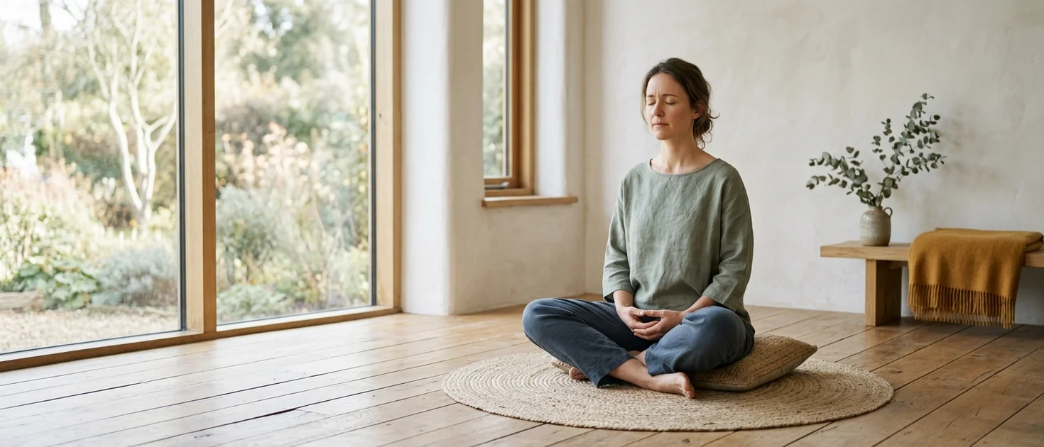 A single small candle flame in vast soft darkness representing the awareness that is always present during meditation