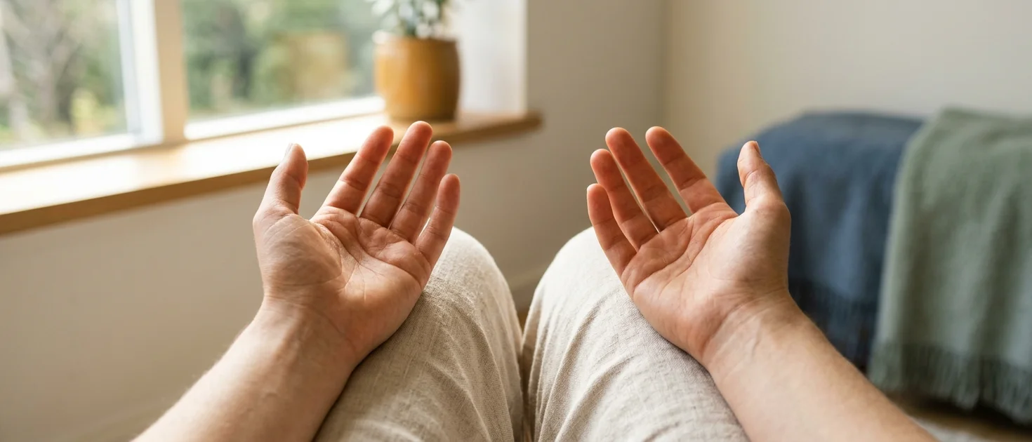 Two open hands resting palms-up on thighs with morning light streaming across them in complete stillness, representing arriving before meditation begins